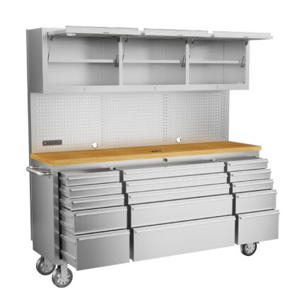 72-inch Rolling Tool Chest Cabinet Mobile Workbench with 15 Storage Drawers and Wheels 3 Uper Cabinet Outlet SS Pegboard Tool Box for Garage